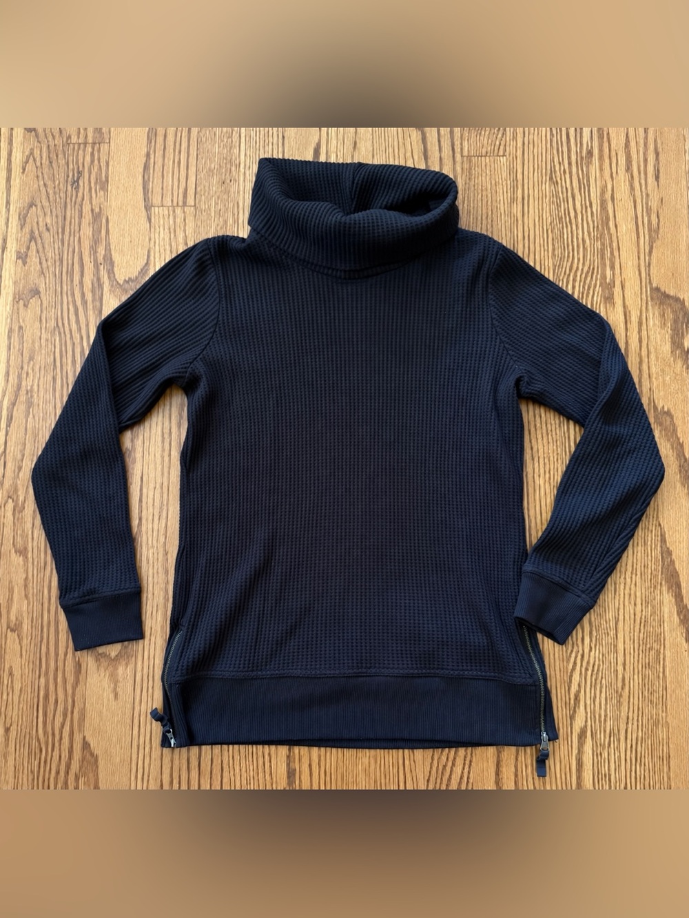 L.L.Bean Black Waffle-Knit Turtleneck Long Sleeve Side Zip Pullover Sweater XS